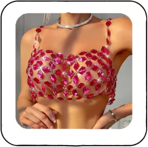 Aukmla Rhinestones Bra Chain Silver Crystal Crop Tops Nightclub Beach Bikini Chest Chains Body Jewelry for Women
