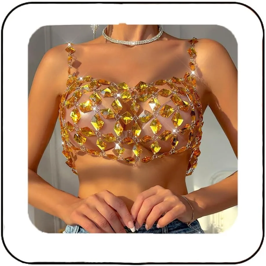 Aukmla Rhinestones Bra Chain Silver Crystal Crop Tops Nightclub Beach Bikini Chest Chains Body Jewelry for Women
