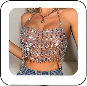 Aukmla Rhinestones Bra Chain Top Silver Halter Crystal Chest Body Chains Beach Bikini Nightclub Crop Tops for Women
