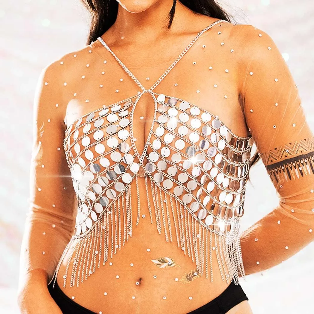 Aukmla Sequin Bra Body Chain Top Halter Crop Tops Beach Bikini Chest Chains Body Jewelry for Women