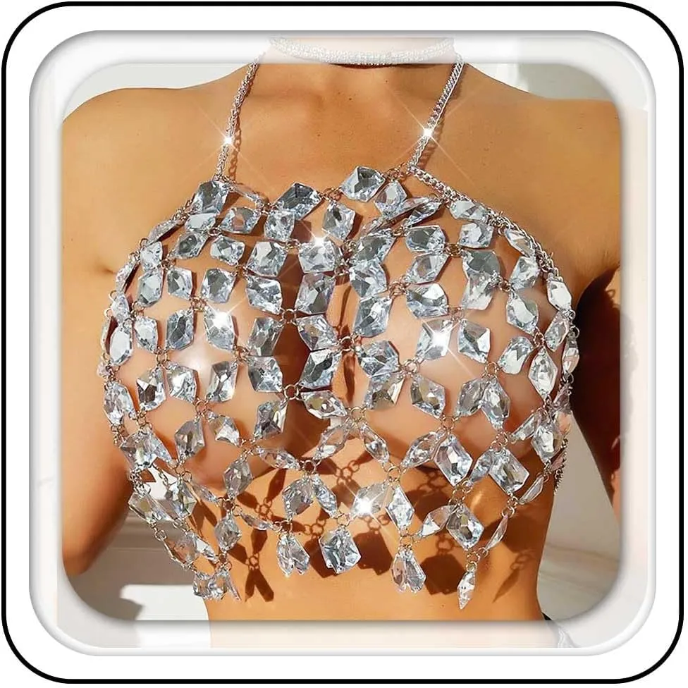 Aukmla Sparkly Crystal Bra Chain Top Halter Rhinestones Chest Body Chains Nightclub Beach Bikini Crop Tops for Women