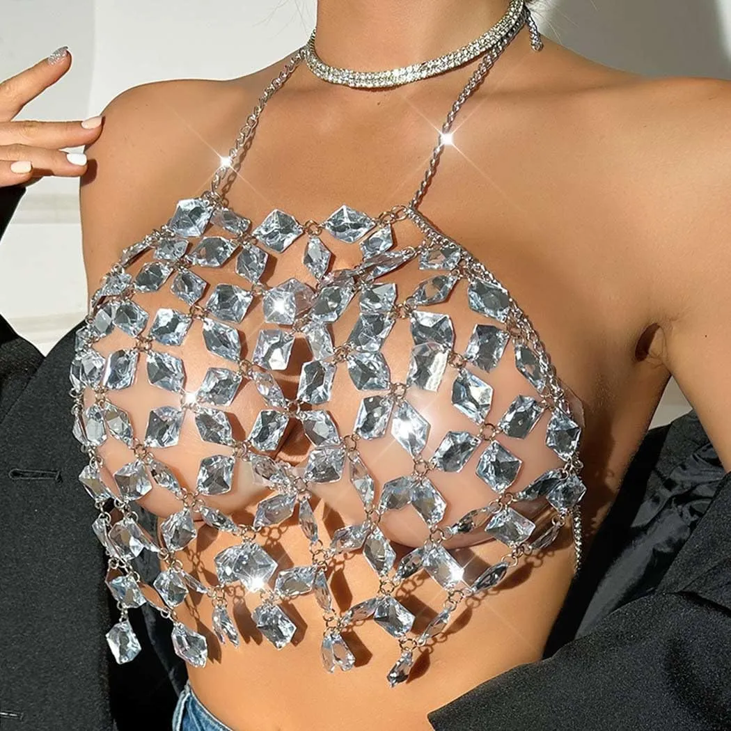 Aukmla Sparkly Crystal Bra Chain Top Halter Rhinestones Chest Body Chains Nightclub Beach Bikini Crop Tops for Women