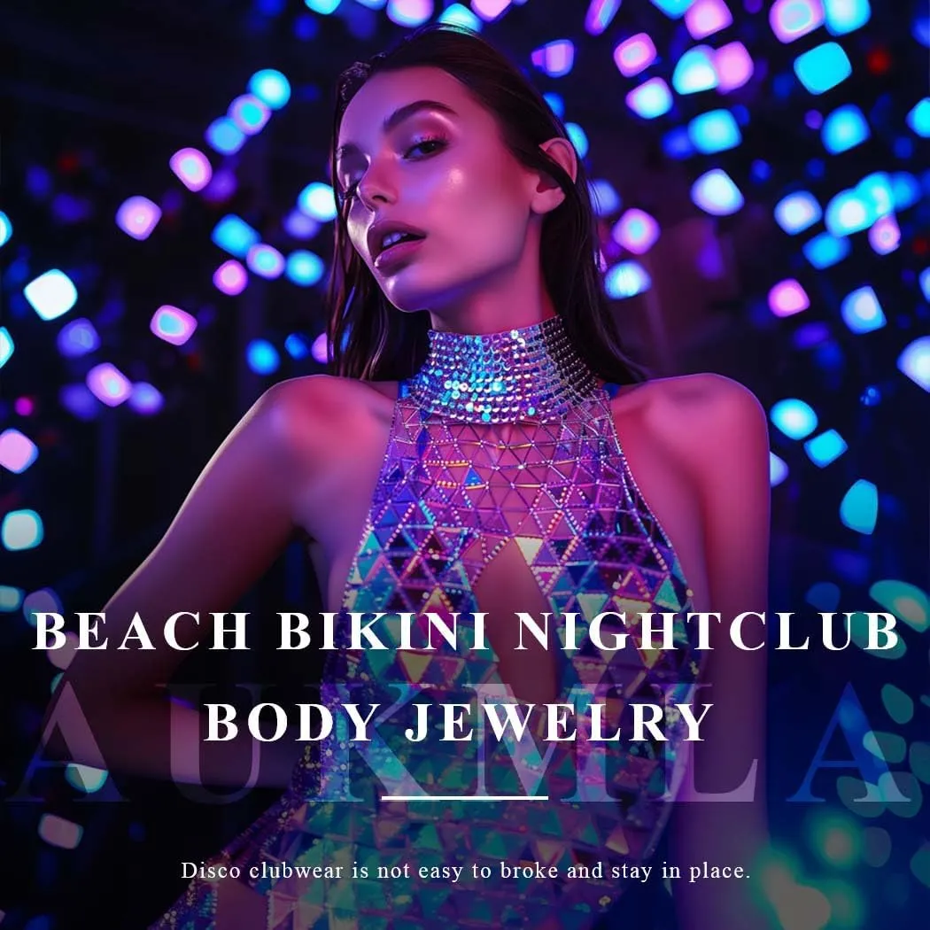 Aukmla Sparkly Crystal Bra Chain Top Halter Rhinestones Chest Body Chains Nightclub Beach Bikini Crop Tops for Women