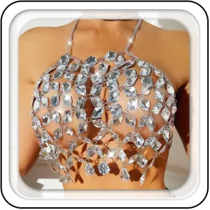 Aukmla Sparkly Crystal Bra Chain Top Halter Rhinestones Chest Body Chains Nightclub Beach Bikini Crop Tops for Women