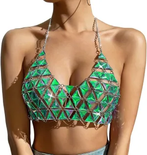 Aukmla Sparkly Rhinestones Bra Chain Silver Crystal Halter Chest Chains Beach Bikini Nightclub Body Jewelry for Women