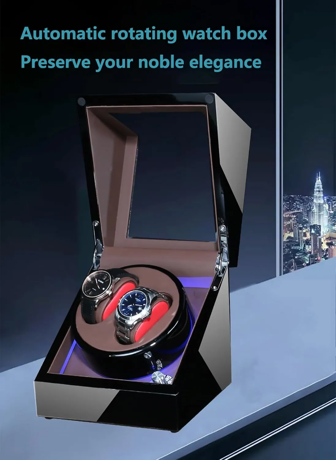 Automatic Double Watch Winder Box, LED Light, Piano Paint Finish, Silent Motor, 4 Rotation Modes, Dual Power Supply, Luxury Watch Display & Storage