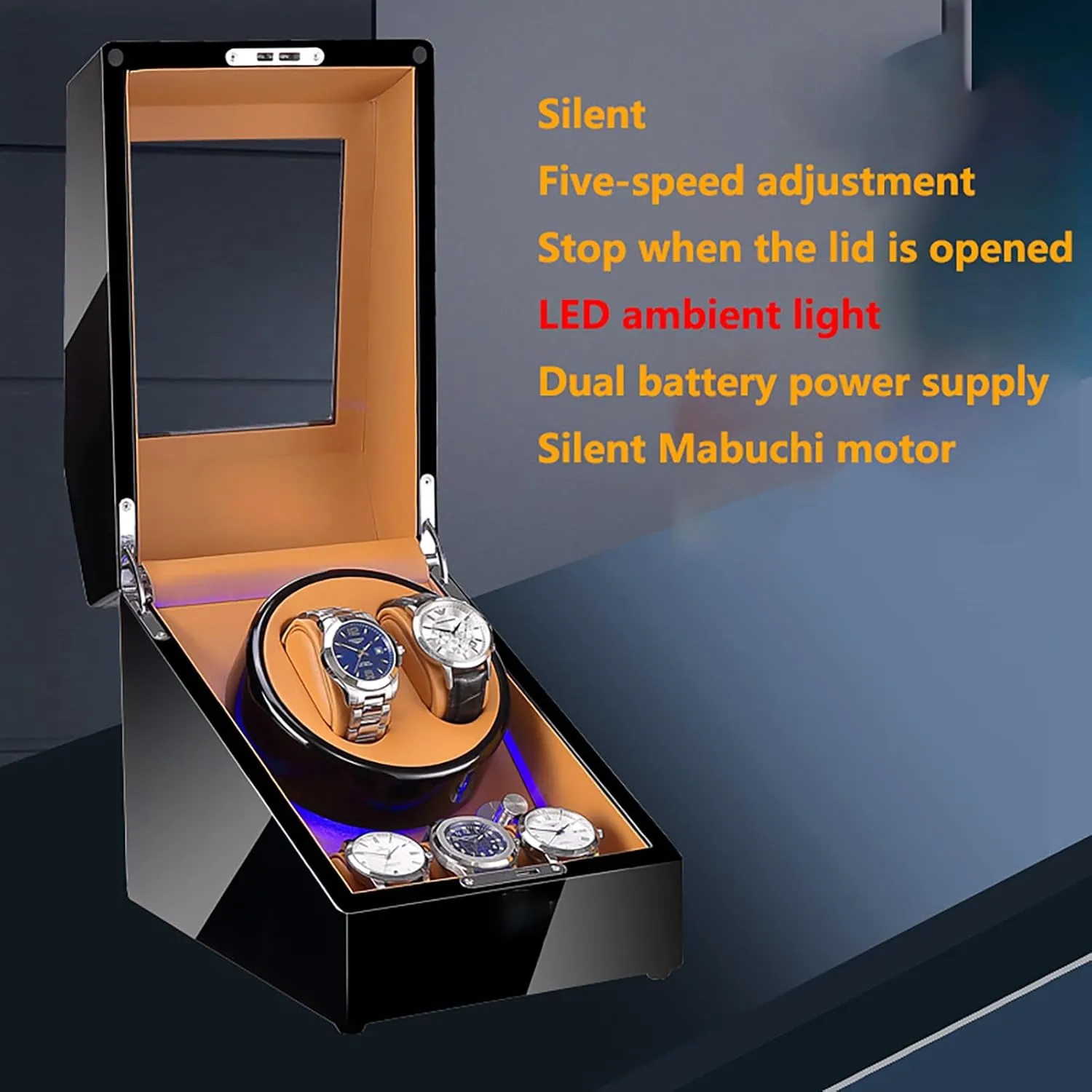 Automatic Double Watch Winder Box, LED Light, Piano Paint Finish, Silent Motor, 4 Rotation Modes, Dual Power Supply, Luxury Watch Display & Storage