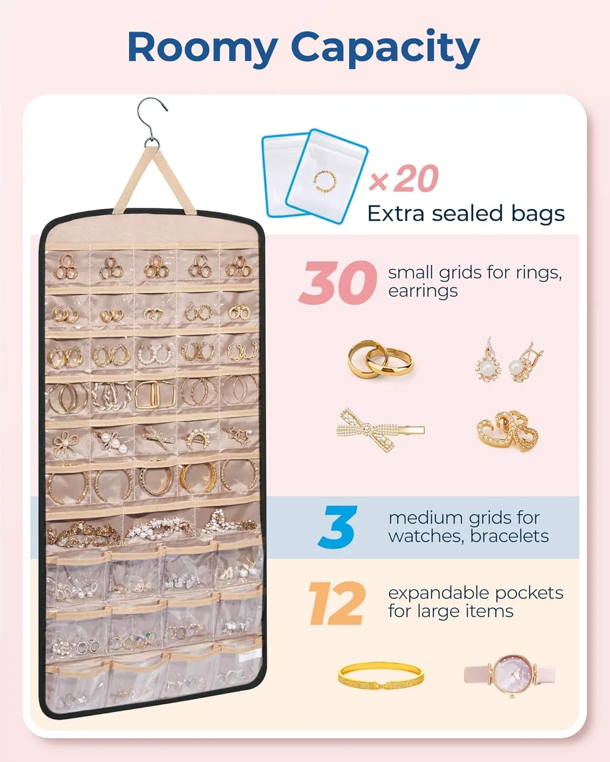 BAGSMART Hanging Jewelry Organizer, Necklace Holder Anti-tangle Earrings Rings Hanger with Pockets Hang on Closet, Wall, Door,1 Piece, Extra Large Black