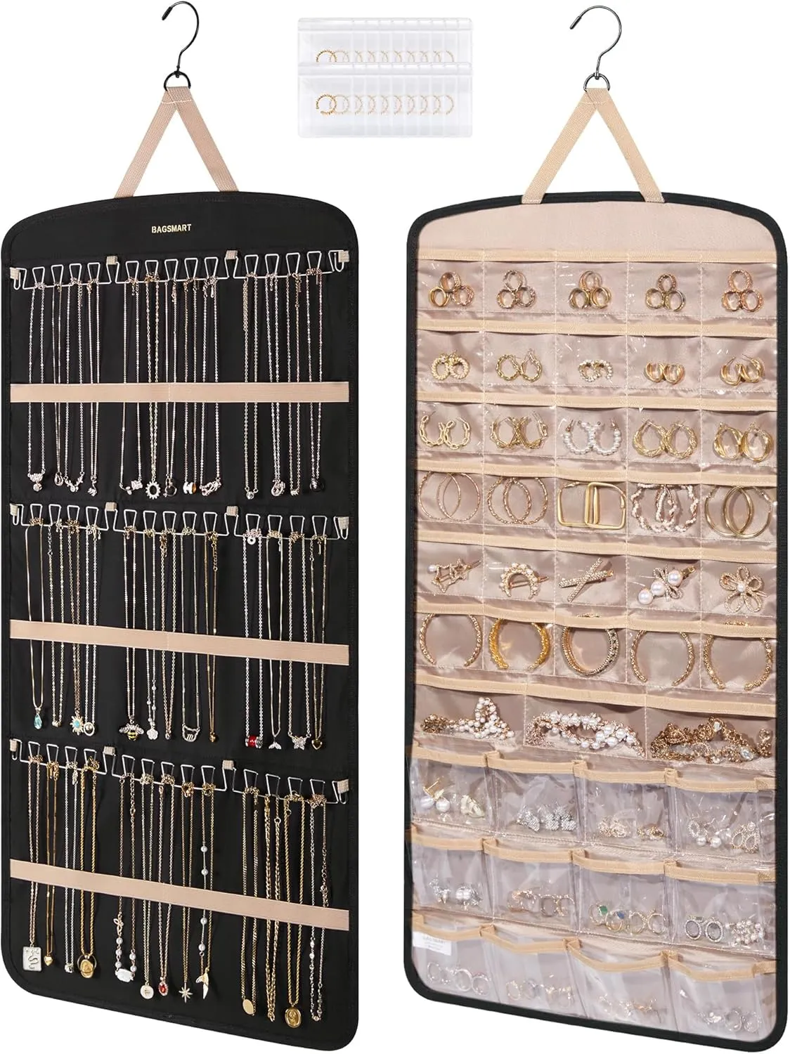 BAGSMART Hanging Jewelry Organizer, Necklace Holder Anti-tangle Earrings Rings Hanger with Pockets Hang on Closet, Wall, Door,1 Piece, Extra Large Black
