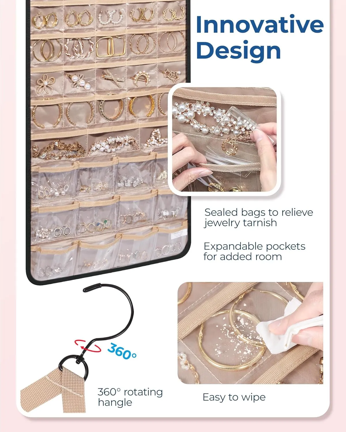 BAGSMART Hanging Jewelry Organizer, Necklace Holder Anti-tangle Earrings Rings Hanger with Pockets Hang on Closet, Wall, Door,1 Piece, Extra Large Black