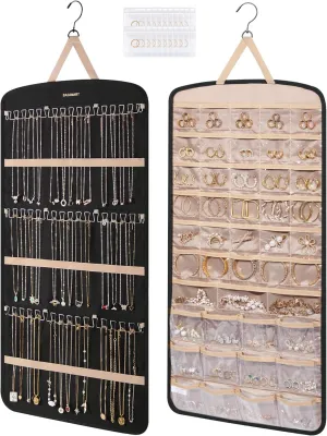 BAGSMART Hanging Jewelry Organizer, Necklace Holder Anti-tangle Earrings Rings Hanger with Pockets Hang on Closet, Wall, Door,1 Piece, Extra Large Black