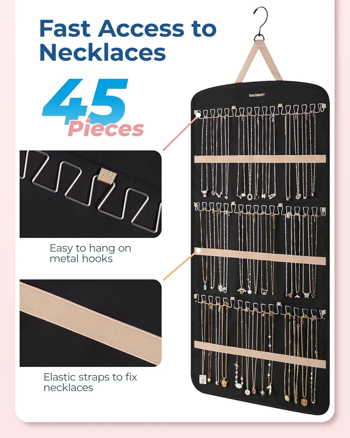 BAGSMART Hanging Jewelry Organizer, Necklace Holder Anti-tangle Earrings Rings Hanger with Pockets Hang on Closet, Wall, Door,1 Piece, Extra Large Black