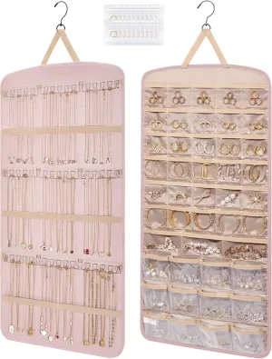 BAGSMART Hanging Jewelry Organizer, Necklace Holder Anti-tangle Earrings Rings Hanger with Pockets Hang on Closet, Wall, Door,1 Piece, Extra Large Pink