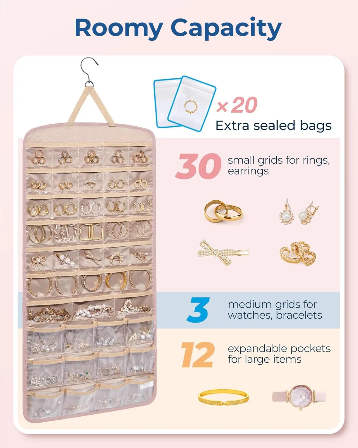 BAGSMART Hanging Jewelry Organizer, Necklace Holder Anti-tangle Earrings Rings Hanger with Pockets Hang on Closet, Wall, Door,1 Piece, Extra Large Pink