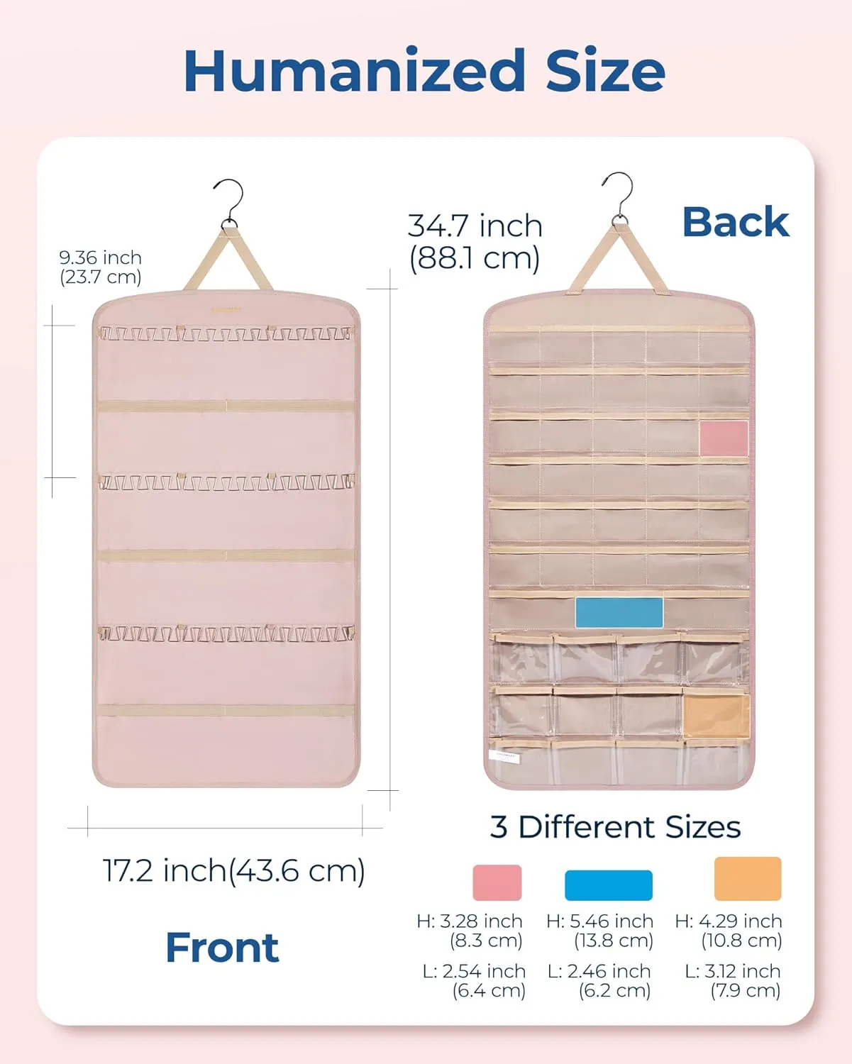 BAGSMART Hanging Jewelry Organizer, Necklace Holder Anti-tangle Earrings Rings Hanger with Pockets Hang on Closet, Wall, Door,1 Piece, Extra Large Pink