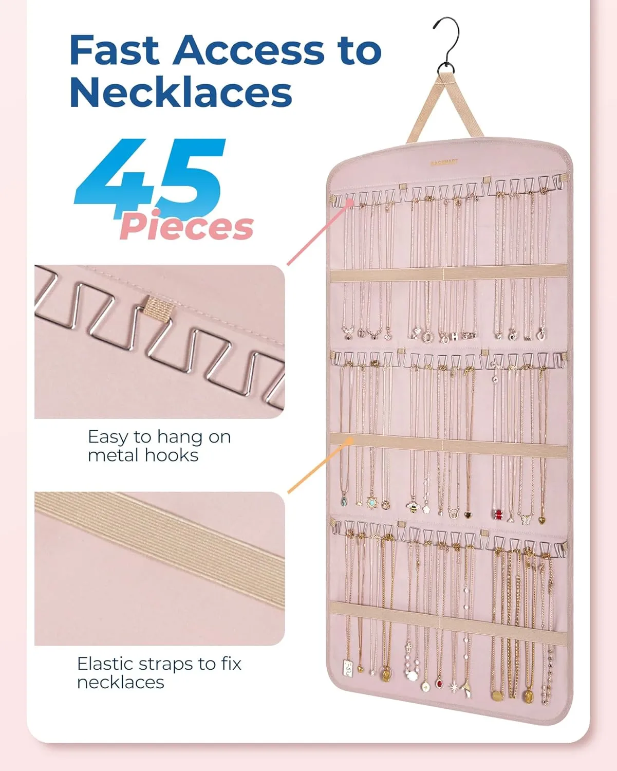 BAGSMART Hanging Jewelry Organizer, Necklace Holder Anti-tangle Earrings Rings Hanger with Pockets Hang on Closet, Wall, Door,1 Piece, Extra Large Pink