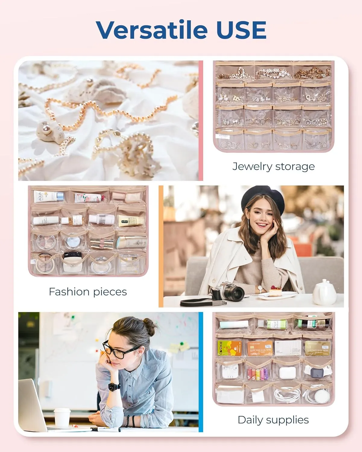 BAGSMART Hanging Jewelry Organizer, Necklace Holder Anti-tangle Earrings Rings Hanger with Pockets Hang on Closet, Wall, Door,1 Piece, Extra Large Pink