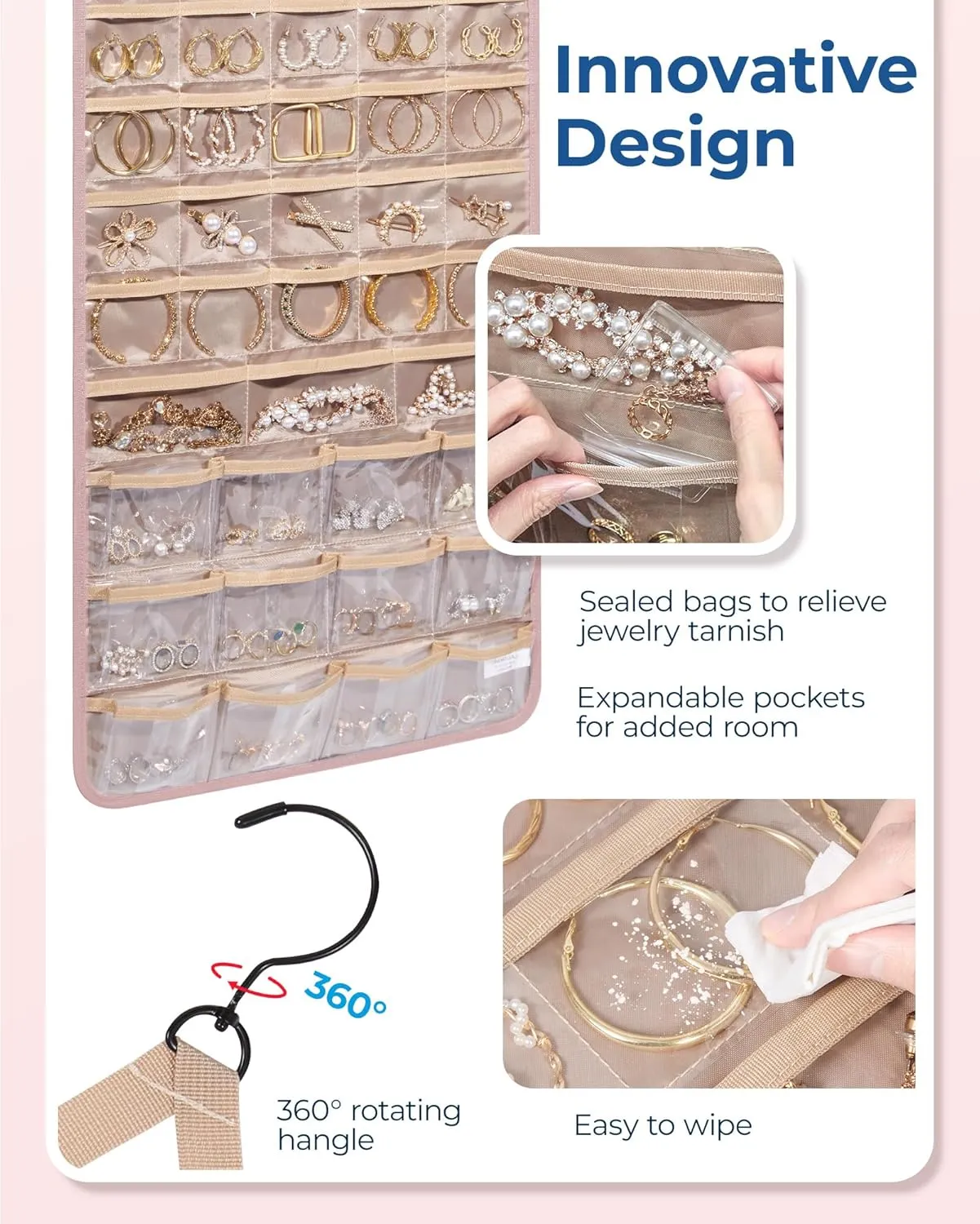 BAGSMART Hanging Jewelry Organizer, Necklace Holder Anti-tangle Earrings Rings Hanger with Pockets Hang on Closet, Wall, Door,1 Piece, Extra Large Pink