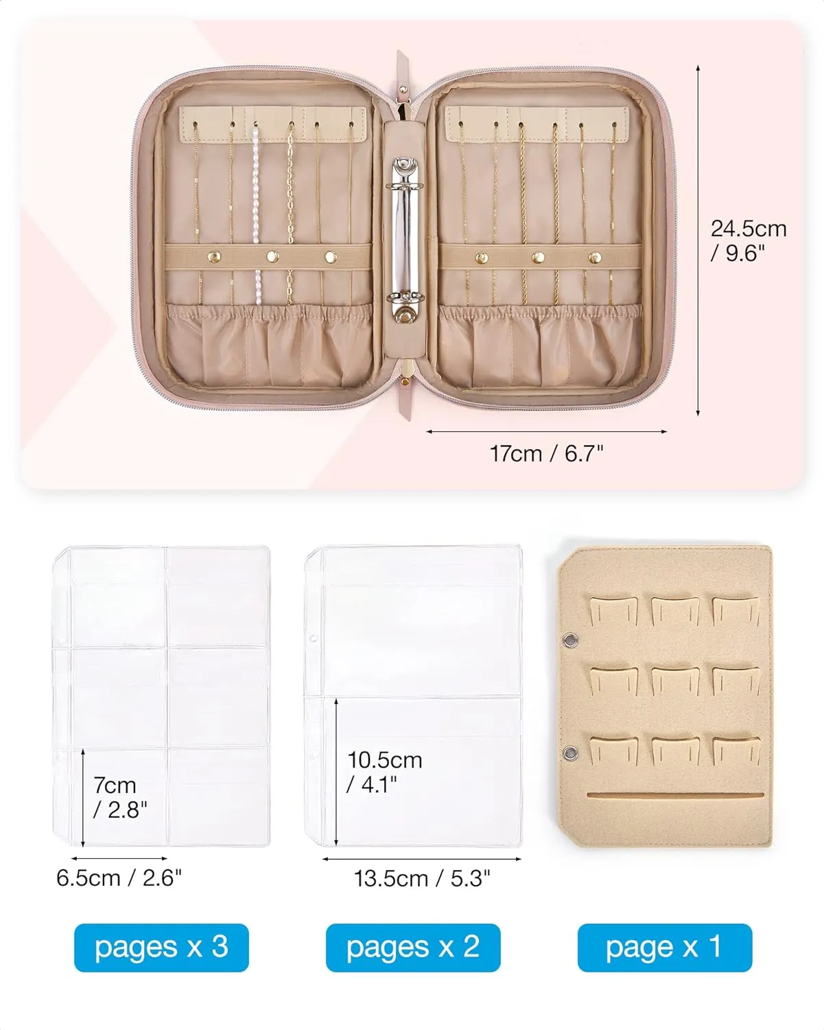 BAGSMART Jewelry Travel Organizer Case for Home Jewelry Organizer Storage Ring Binder Jewelry Bags Clear Jewelry Rolls Zipper Pouch Bag for Necklaces, Earrings, Rings, Bracelets, Pink