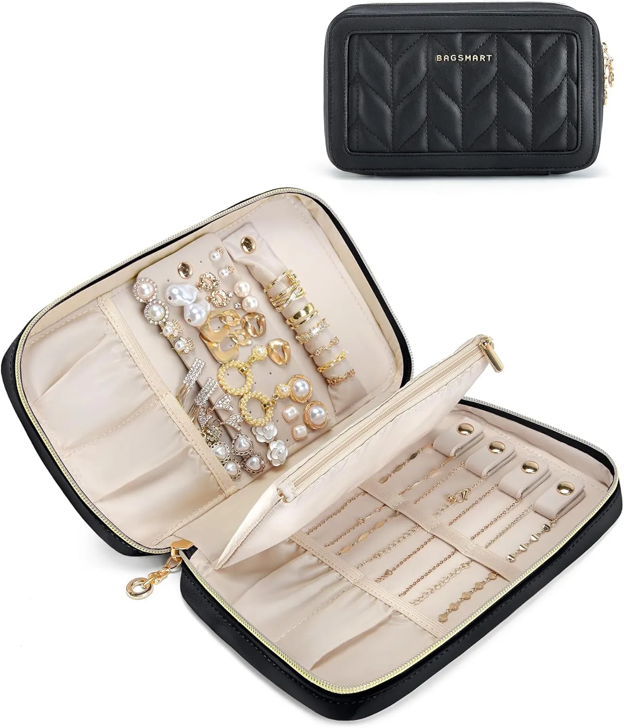 BAGSMART Travel Jewelry Case Jewelry Box Organizers and Storage Earings Holder Organizer for Women for Necklaces, Bracelets, Rings-Black