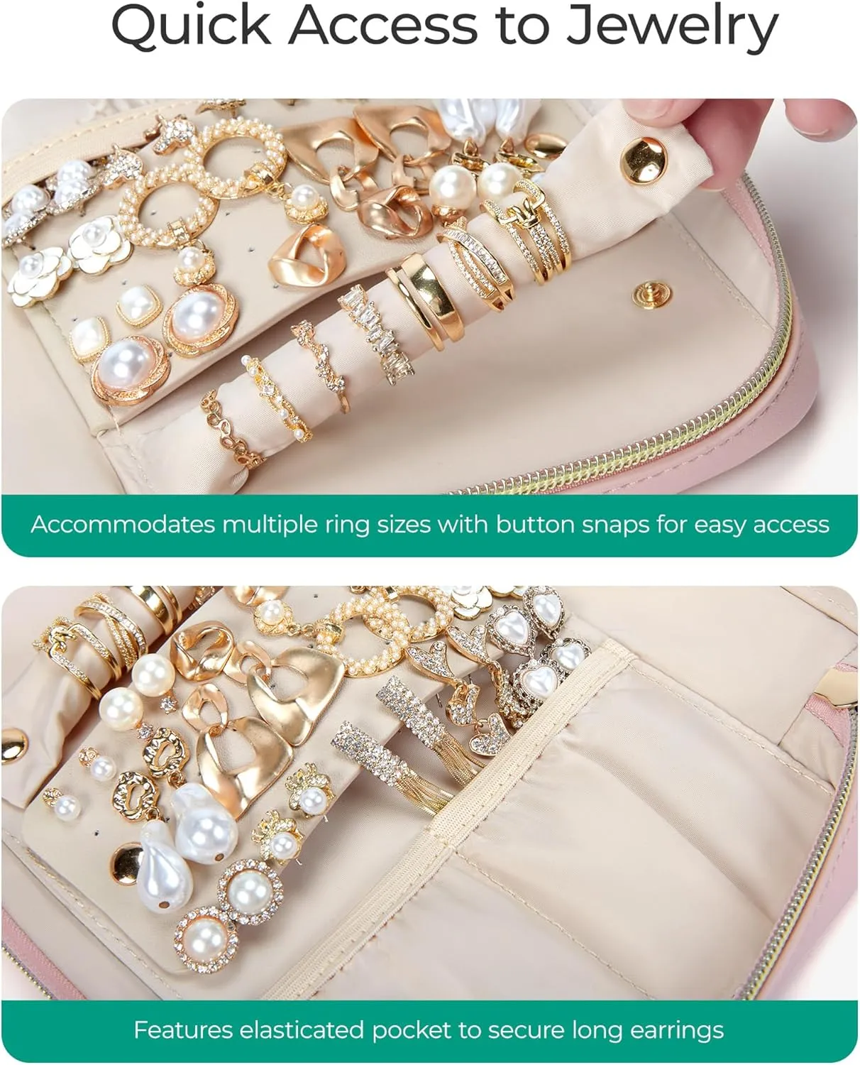 BAGSMART Travel Jewelry Case Jewelry Box Organizers and Storage Earings Holder Organizer for Women for Necklaces, Bracelets, Rings-Pink