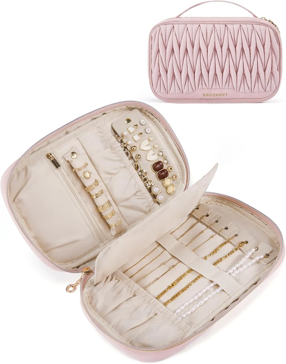 BAGSMART Travel Jewelry Case Jewelry Organizers and Storage Earings Holder Organizer for Women Necklace Holder Jewelry Rolls for Necklaces, Earrings, Bracelets-Pink