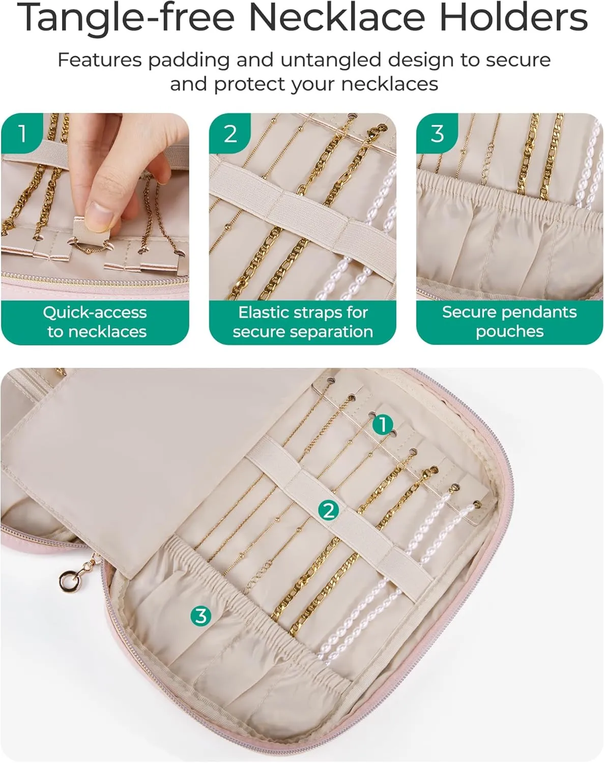 BAGSMART Travel Jewelry Case Jewelry Organizers and Storage Earings Holder Organizer for Women Necklace Holder Jewelry Rolls for Necklaces, Earrings, Bracelets-Pink