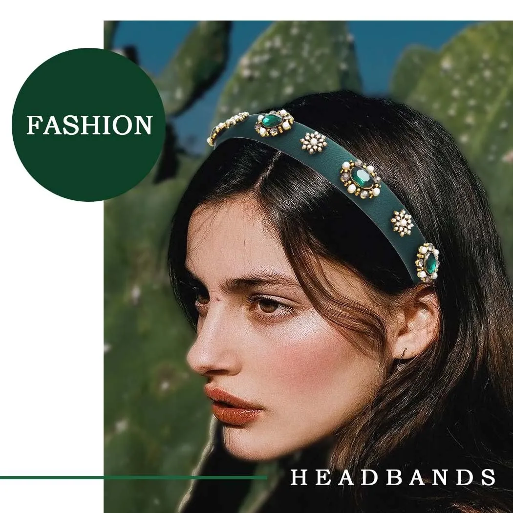 Baroque Wide Headbands for Women Dark Green Rhinestones Jewelry Hairband Pearl Emeralds Bejeweled Hair Accessories (Graceful)