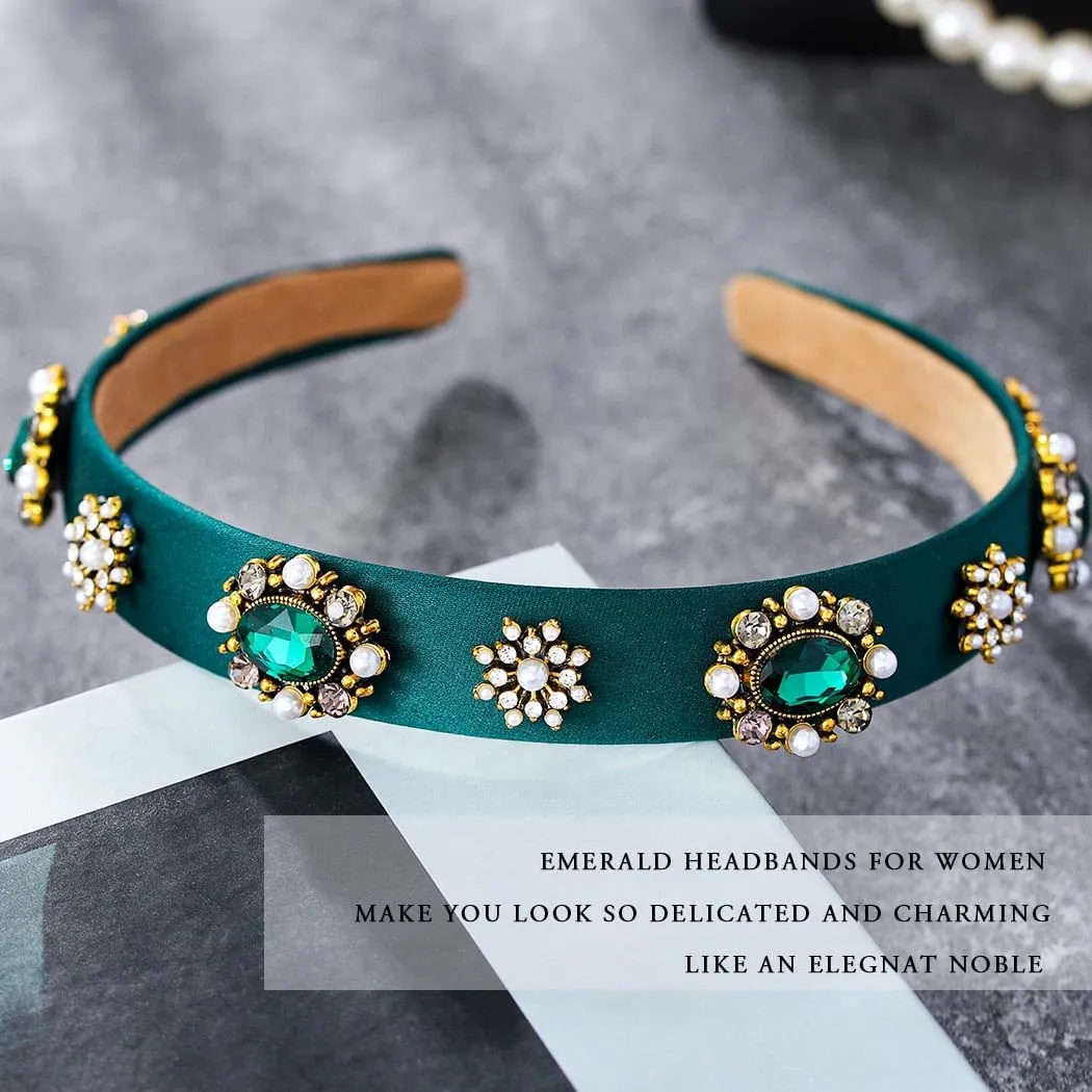 Baroque Wide Headbands for Women Dark Green Rhinestones Jewelry Hairband Pearl Emeralds Bejeweled Hair Accessories (Graceful)