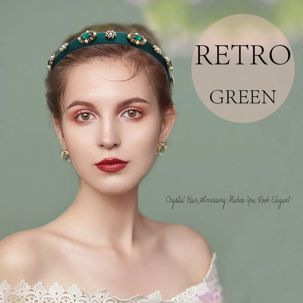Baroque Wide Headbands for Women Dark Green Rhinestones Jewelry Hairband Pearl Emeralds Bejeweled Hair Accessories (Graceful)