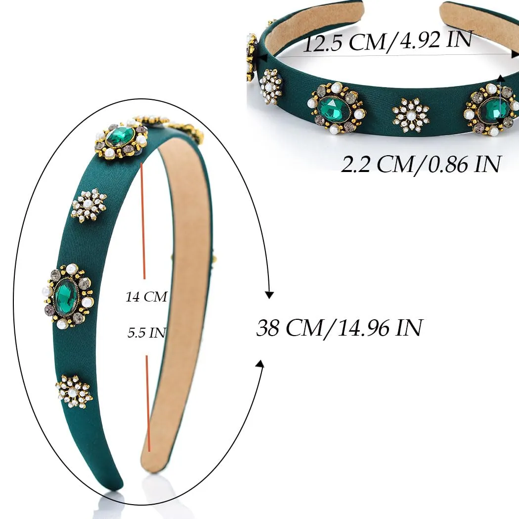 Baroque Wide Headbands for Women Dark Green Rhinestones Jewelry Hairband Pearl Emeralds Bejeweled Hair Accessories (Graceful)