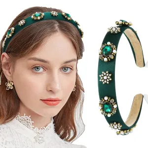Baroque Wide Headbands for Women Dark Green Rhinestones Jewelry Hairband Pearl Emeralds Bejeweled Hair Accessories (Graceful)