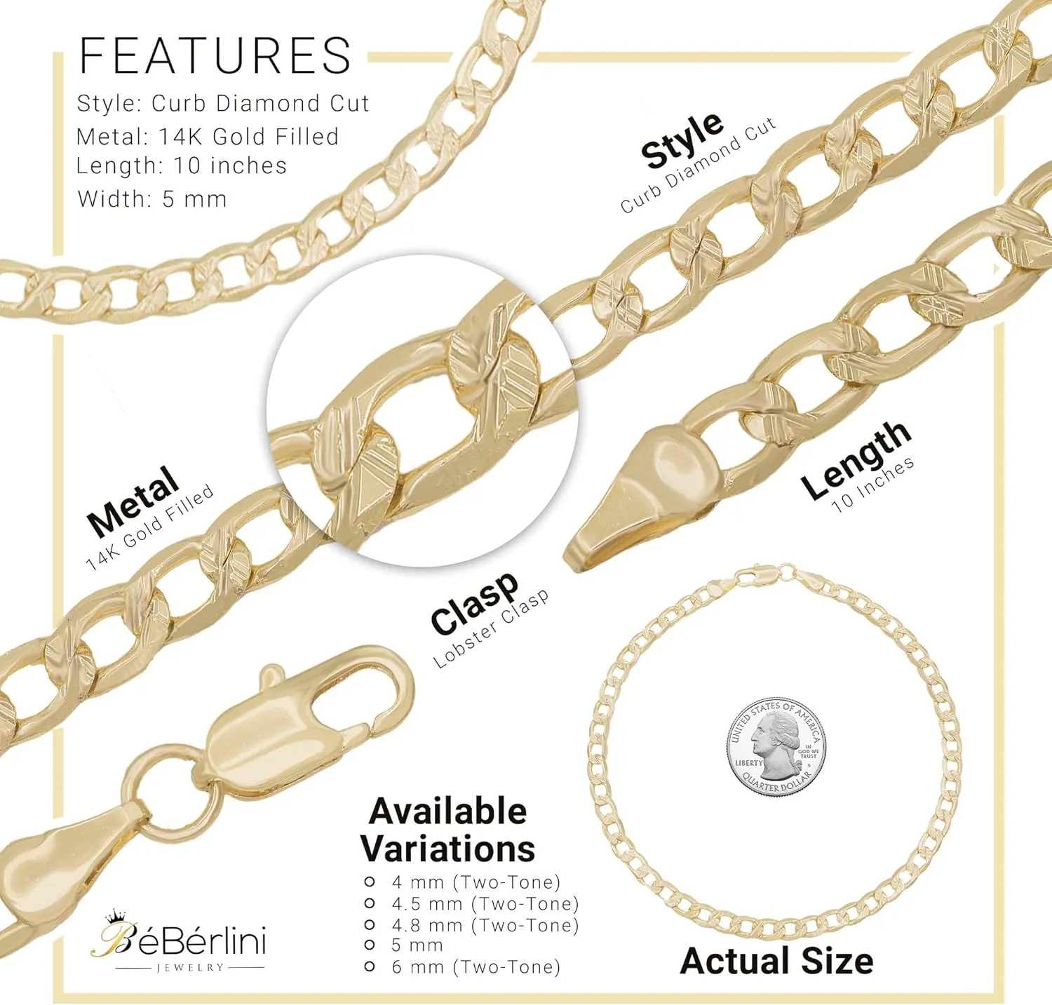 BEBERLINI Cuban Link 14K Gold Filled Diamond Cut Anklet Curb Foot Chain 10'' Bracelet Women Fashion Jewelry