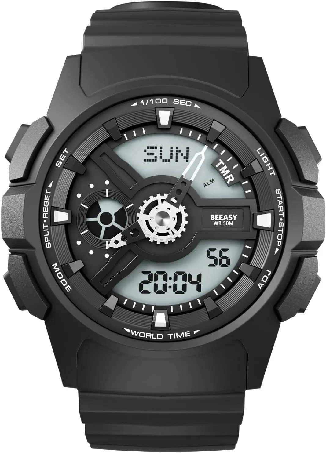 Beeasy Waterproof Mens Watches Sports Ourdoor, Military Watch Multi Function Stopwatch/4 Alarms/Countdown/Dual Time, Analog-Digital Synchronised Display Wrist Watch for Men