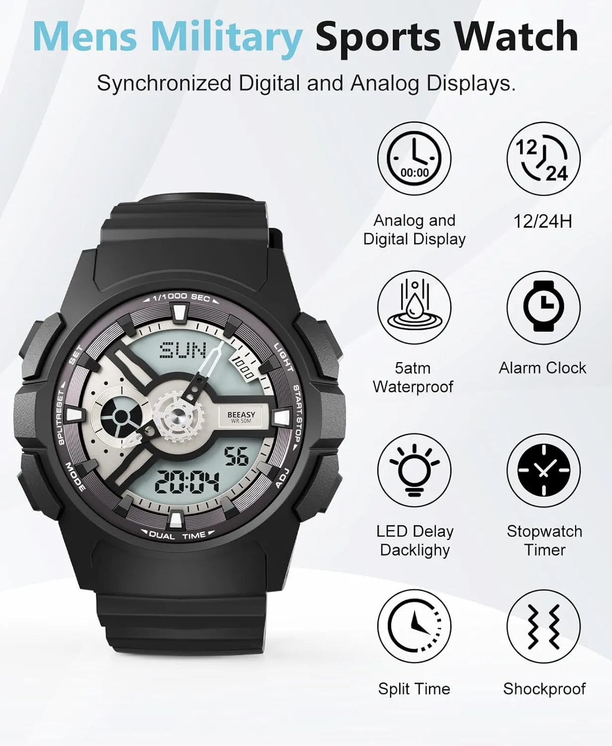 Beeasy Waterproof Mens Watches Sports Ourdoor, Military Watch Multi Function Stopwatch/4 Alarms/Countdown/Dual Time, Analog-Digital Synchronised Display Wrist Watch for Men