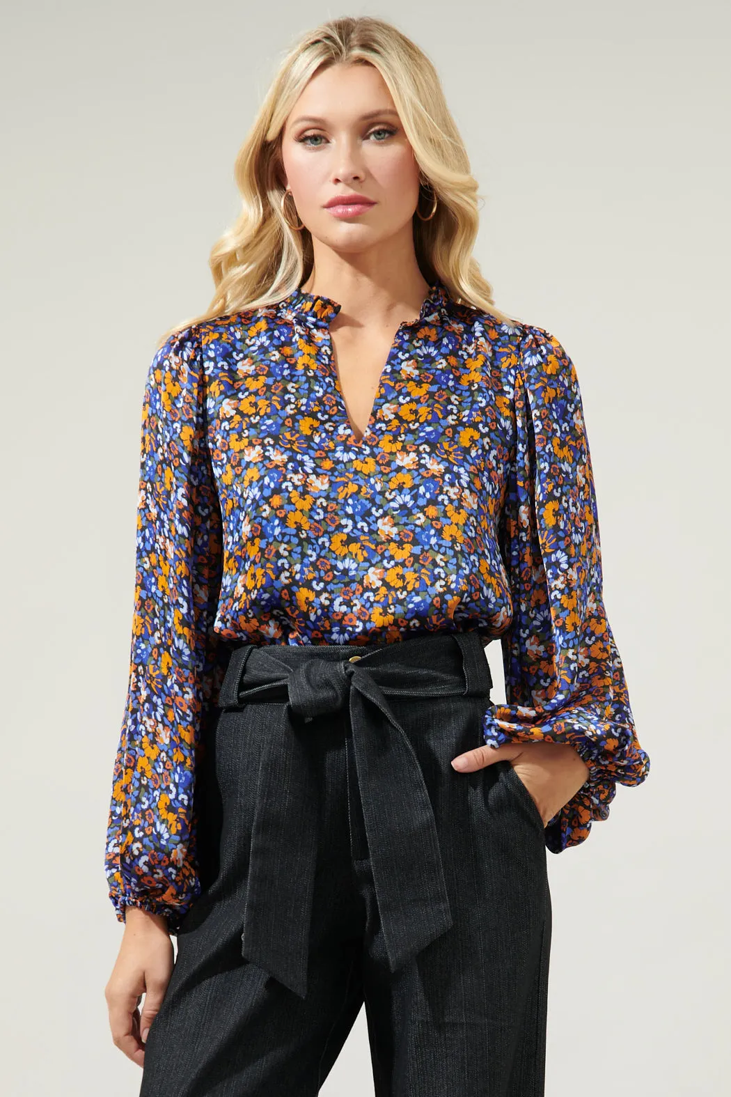 Begonia Floral Shimmy Balloon Sleeve Top
