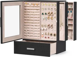 BEWISHOME Jewelry Box with Glass Window for Women Girls 4-Layer Jewelry Organizer with Drawers for Necklaces Earrings Rings Bracelets Watches Storage Case SSH09B