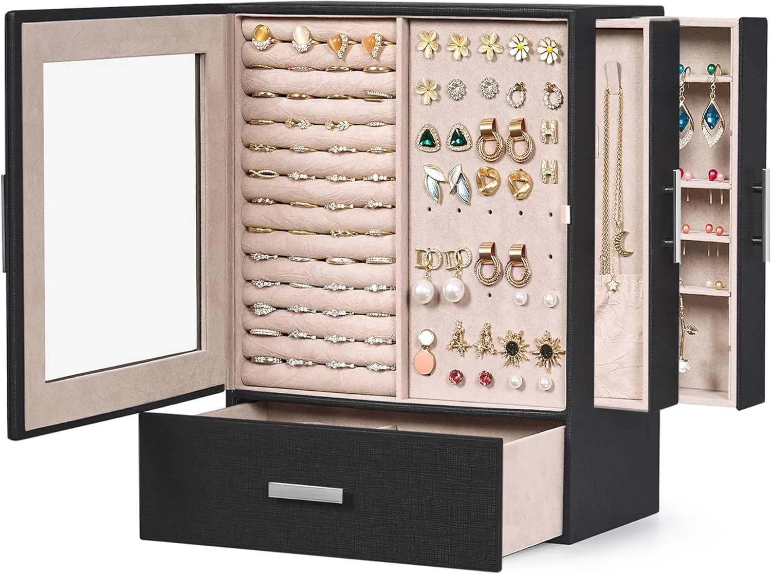BEWISHOME Jewelry Box with Glass Window for Women Girls 4-Layer Jewelry Organizer with Drawers for Necklaces Earrings Rings Bracelets Watches Storage Case SSH09B