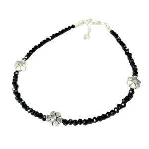 Black Bead Crystal Charm Anklet Bracelet Handmade Simple Summer Beach Waterproof Ankle Foot Chain Bracelets for Women Minimalist Jewelry Adjustable (Flower Charm)