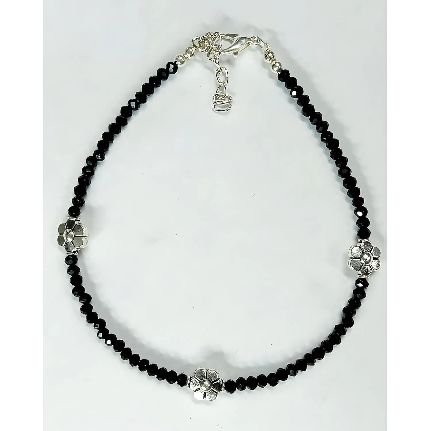 Black Bead Crystal Charm Anklet Bracelet Handmade Simple Summer Beach Waterproof Ankle Foot Chain Bracelets for Women Minimalist Jewelry Adjustable (Flower Charm)