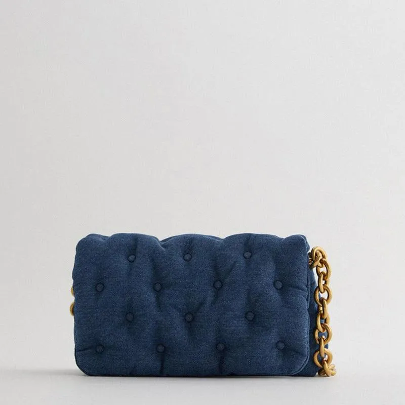 Blue oversized denim quilted shoulder messenger bag chain bag
