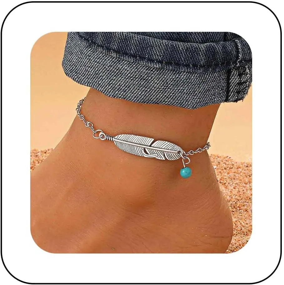 Bohemian Feather Turquoise Ankle Chain Bracelet Silver Feather Ankle Bracelet Round turquoise Stone Foot Chain Anklet Summer Beach Foot Chain Jewelry for Women Gifts