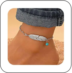 Bohemian Feather Turquoise Ankle Chain Bracelet Silver Feather Ankle Bracelet Round turquoise Stone Foot Chain Anklet Summer Beach Foot Chain Jewelry for Women Gifts