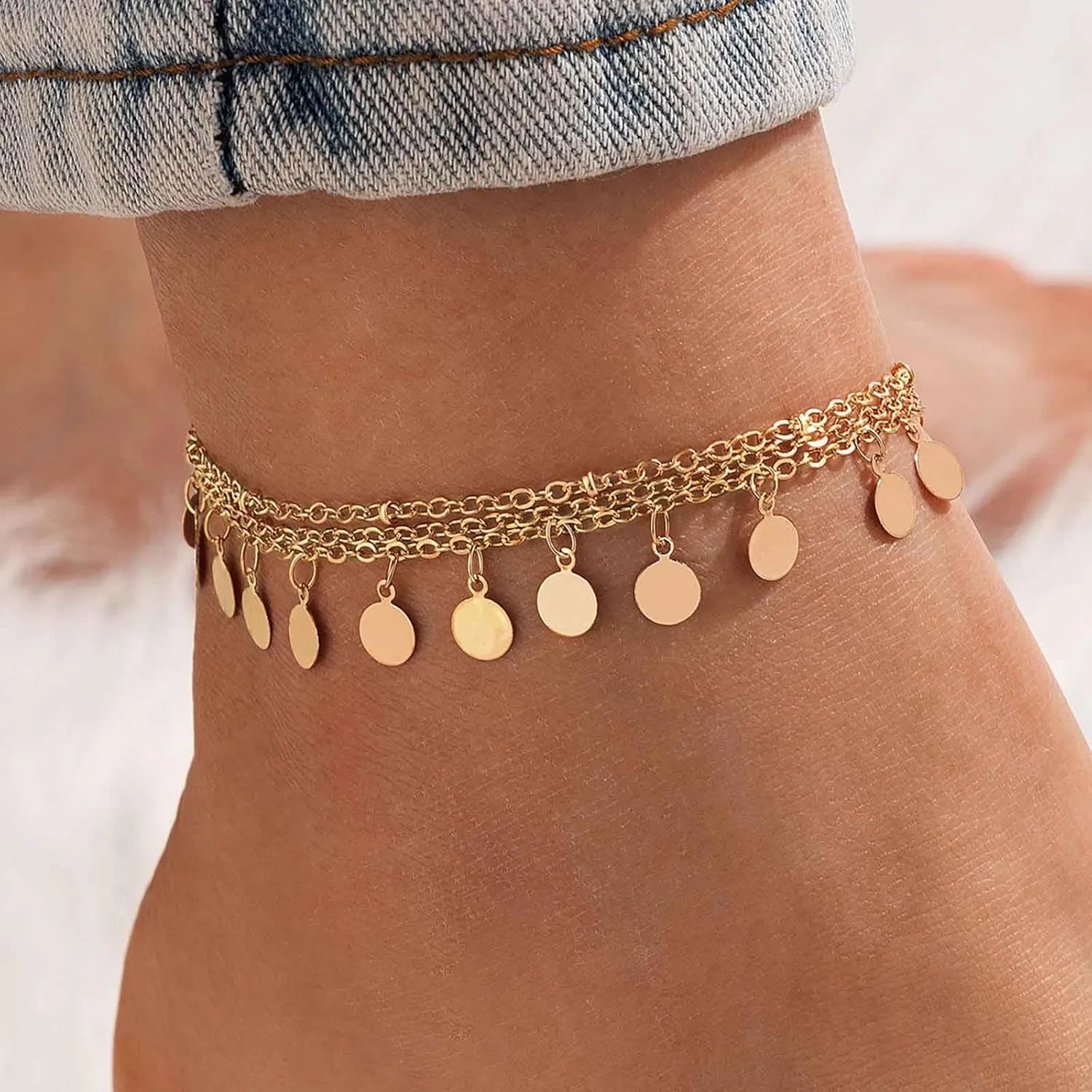 Bohemian Layered Coin Dangle Ankle Bracelet Gold Disc Ankle Chain Bracelet Layered Circle Disc Beach Anklet Chain Small Coin Foot Chain Anklet Summer Beach Foot Chain Jewelry for Women