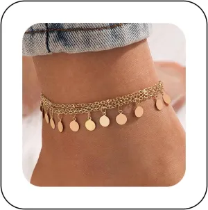 Bohemian Layered Coin Dangle Ankle Bracelet Gold Disc Ankle Chain Bracelet Layered Circle Disc Beach Anklet Chain Small Coin Foot Chain Anklet Summer Beach Foot Chain Jewelry for Women