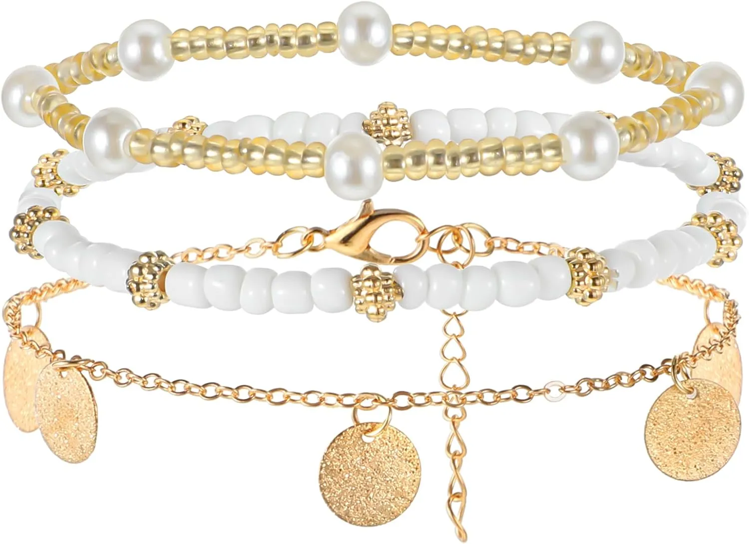 Boho Beaded Stretch Bracelets for Women, Shell Ankle Bracelet Set for Women Shell Bracelet, Boho Adjustable Anklet, Seashell Strand Bracelets, Stackable Gold Crystal Beads