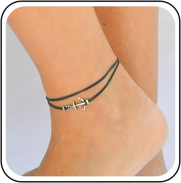Boho Layered Leather Anchor Anklet Bracelet Black Leather Cord Ankle Bracelets Black Rope Anklets Black String Anklets Foot Chain Jewelry for Women Sailing Gifts
