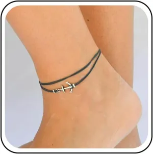 Boho Layered Leather Anchor Anklet Bracelet Black Leather Cord Ankle Bracelets Black Rope Anklets Black String Anklets Foot Chain Jewelry for Women Sailing Gifts