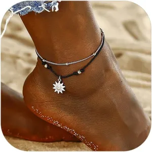 Boho Layered Sun Anklet Beach Anklets Vintage Silver Satellite Sun Flower Woven Ankle Bracelets Jewelry for Women