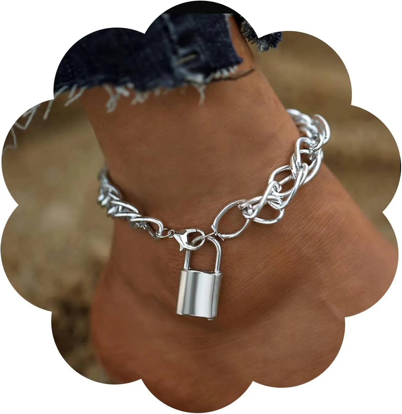 Boho Lock Anklet Silver Ankle Bracelets Chunky Paper Clip Chain Anklets Punk Foot Chain Beach Foot Anklets Accessories Jewelry for Women Gifts